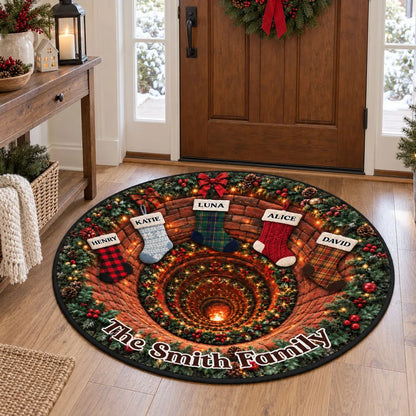 Personalized Round Quilted Mat, Christmas Fireplace Stockings in Rich Holiday Colors, Unique Family Gift