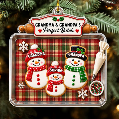 Personalized Acrylic Ornament, Snowman Cookie Family on Plaid Baking Tray, Unique Christmas Gift for Grandparents