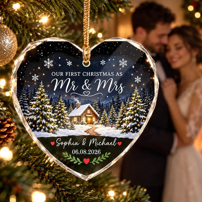 Personalized Crystal Heart Ornament, First Christmas as Mr & Mrs, Snowy Cabin Unique Gift for Couple