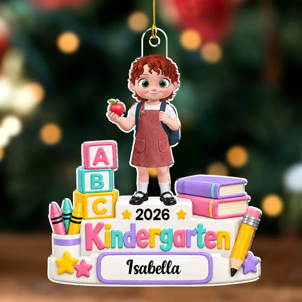 Personalized Acrylic Ornament, Child with Apple & Backpack, Kindergarten Scene, Unique Creative Gift for Kids
