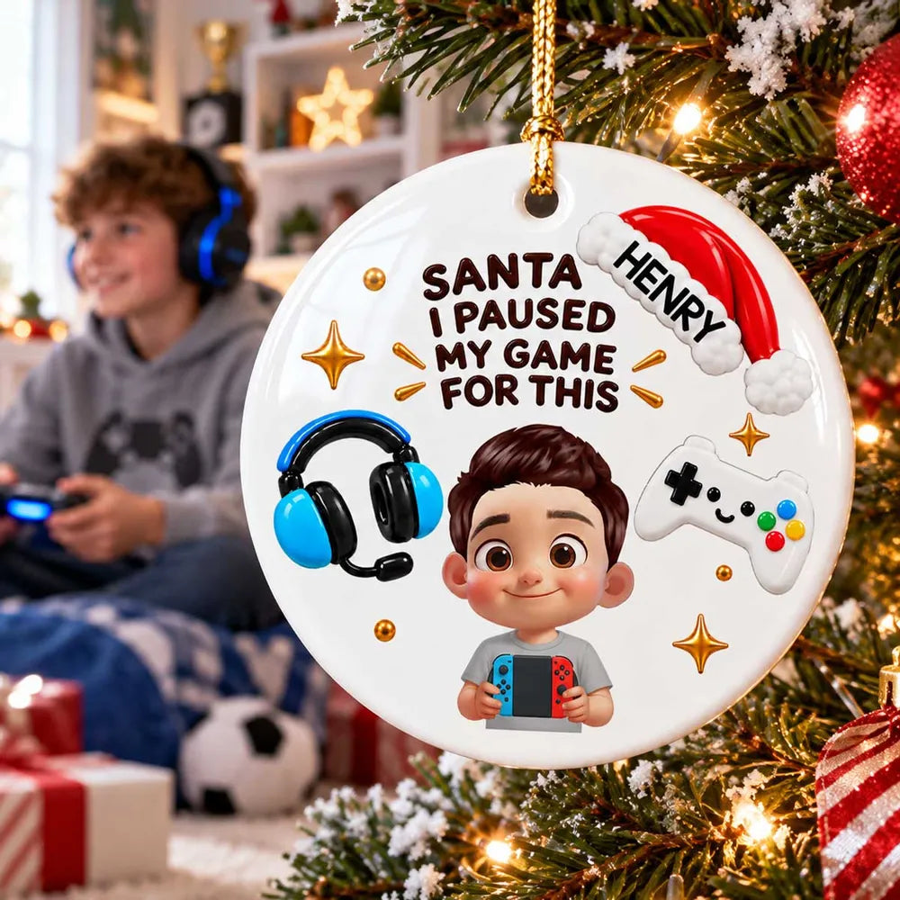 Personalized Ceramic Ornament, Cartoon Gamer Holding Controller by Christmas Tree, Unique Gift for Young Gamers