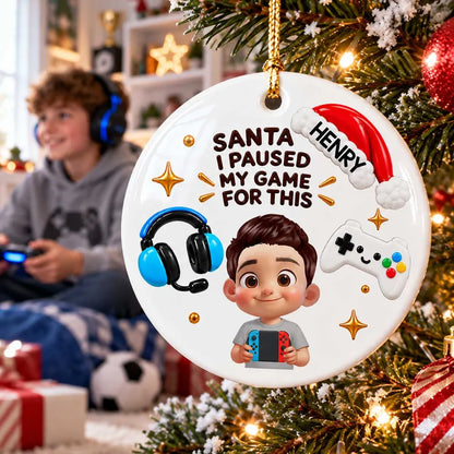 Personalized Ceramic Ornament, Cartoon Gamer Holding Controller by Christmas Tree, Unique Gift for Young Gamers