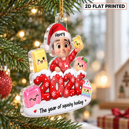 Personalized Acrylic Ornament, Smiling Child Holding Squishy Toys, Festive Tree Decor and Unique Gift for Kids