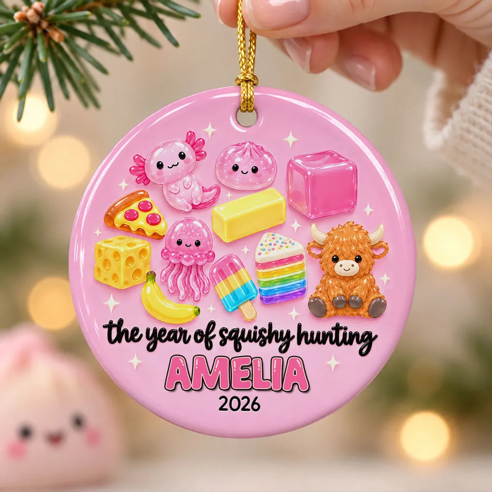 Personalized Ceramic Ornament, Pink Squishy Character Collection, Unique Christmas Gift for Kids and Grandkids