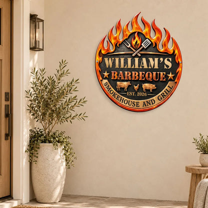 Personalized Shaped Metal Sign with Flaming Barbecue Design, Creative Gift for Grill Masters and Backyard Cooks
