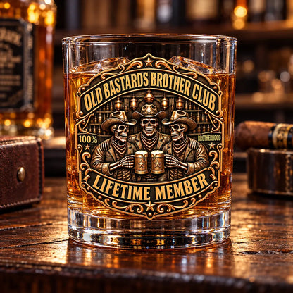 Personalized Whiskey Glass with Clinking Cowboy Skeletons in an Amber Bar, Unique Gift for Brother
