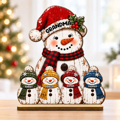 Personalized Wooden Plaque with Grandma and Grandkids Snowmen, Rustic Red Christmas Decor, Unique Gift for Grandma