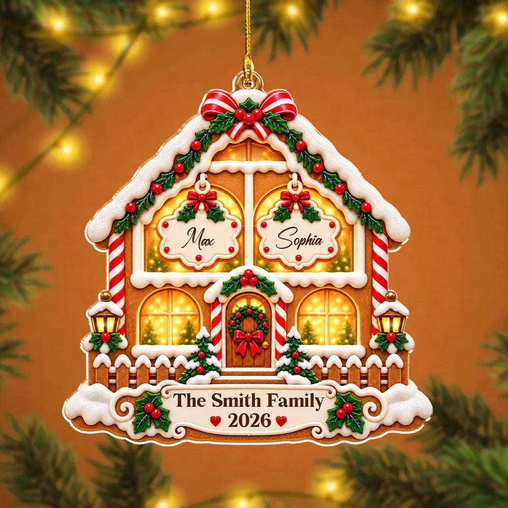 Personalized Acrylic Ornament, Gingerbread Family House on a Lit Christmas Tree, Unique Gift for Families