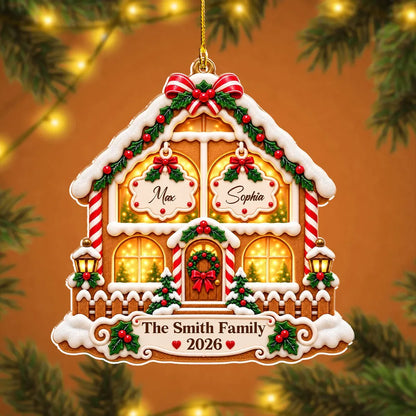Personalized Acrylic Ornament, Gingerbread Family House on a Lit Christmas Tree, Unique Gift for Families