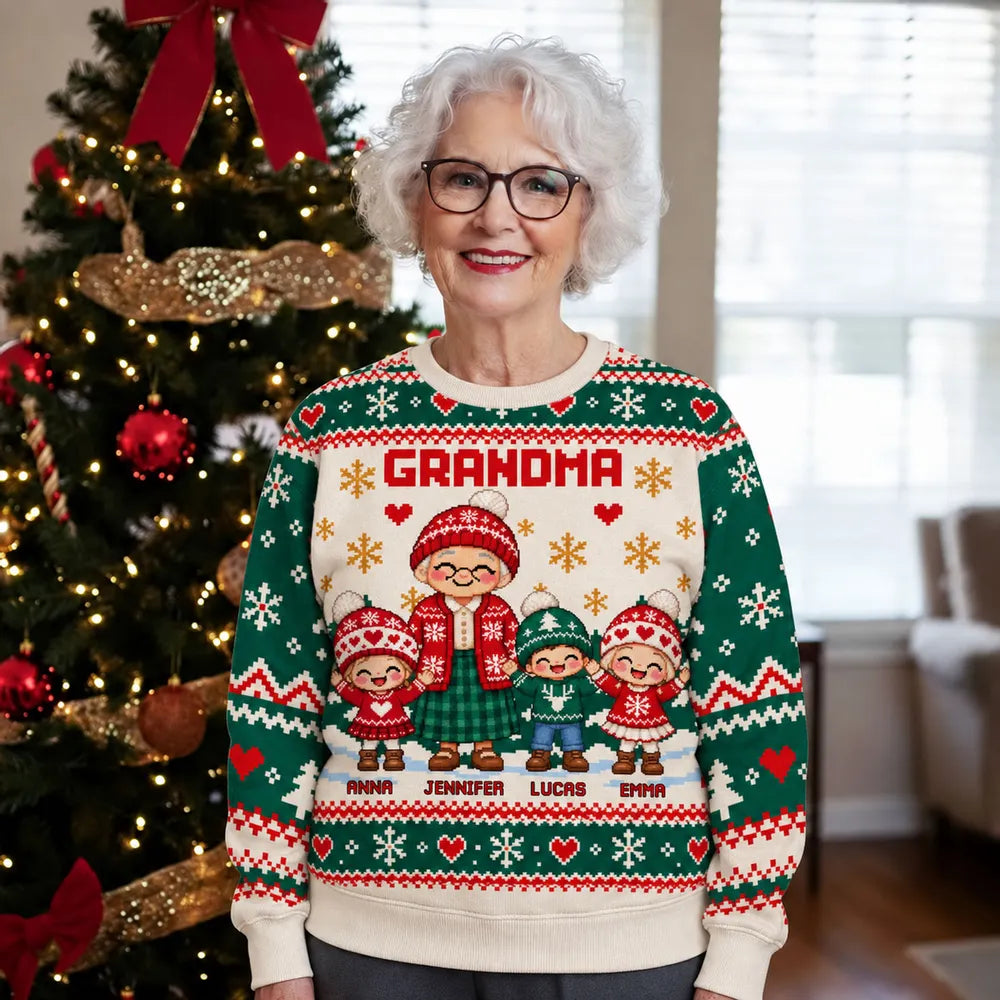 Personalized Printed Sweatshirt, Grandma Holding Hands With Grandkids, Unique Christmas Gift