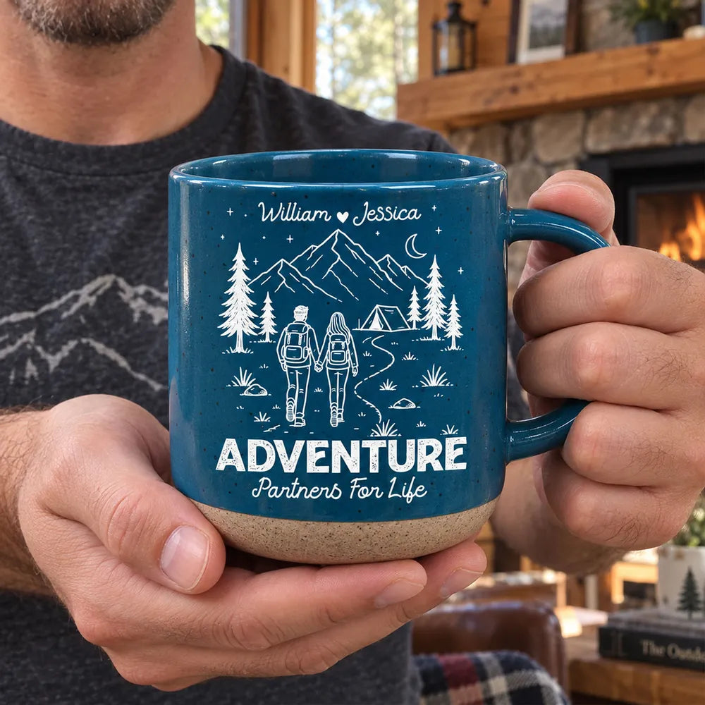 Adventure Partners for Life Personalized Pottery Mug, Hand-Holding Hikers, Creative Gift for Couples