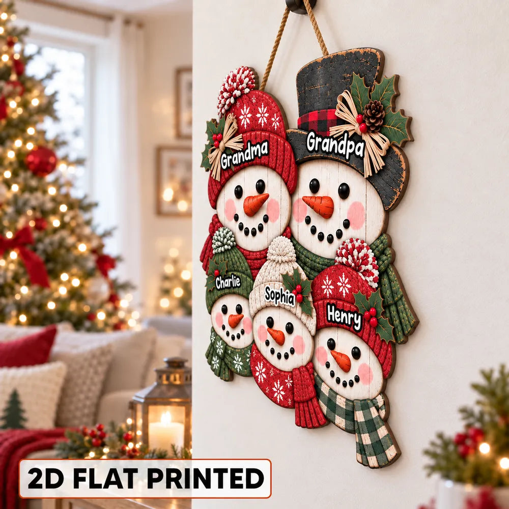 Personalized Wooden Sign, Rustic Red and Green Snowman Family Christmas Decor, Creative Gift for Grandma and Grandpa