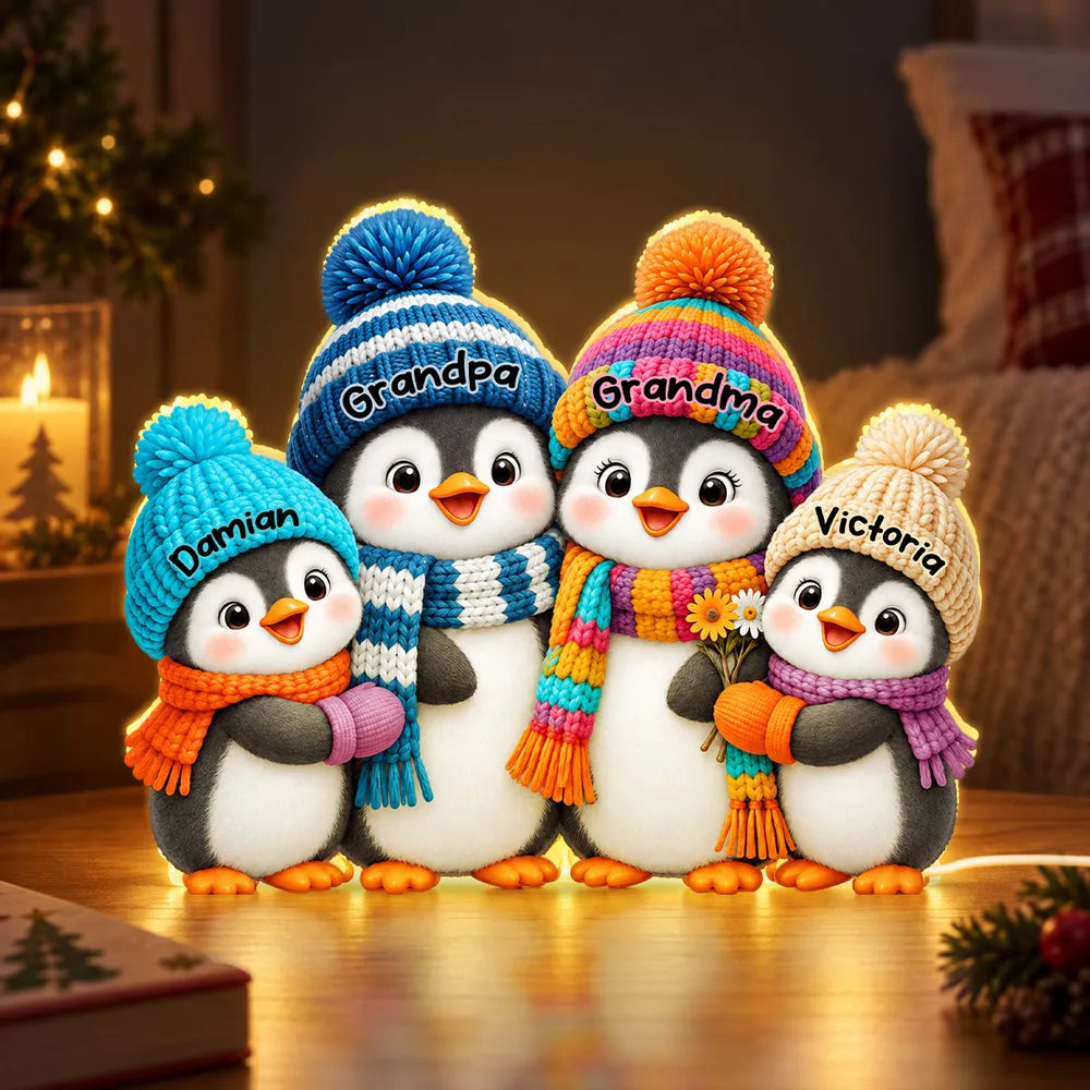 Personalized Acrylic Light Box, Cute Penguin Family in a Cozy Christmas Room, Unique Gift for Grandparents