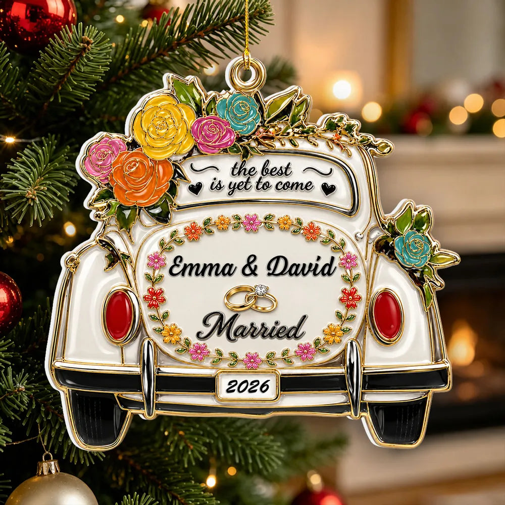 Personalized Acrylic Ornament with Floral Wedding Car, Unique Christmas Gift for Newlyweds