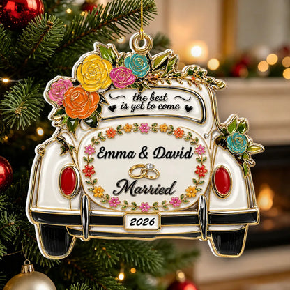 Personalized Acrylic Ornament with Floral Wedding Car, Unique Christmas Gift for Newlyweds