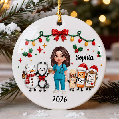 Personalized Ceramic Ornament with Nurse Holding Coffee and Medical Icons, Unique Creative Gift for Nurses