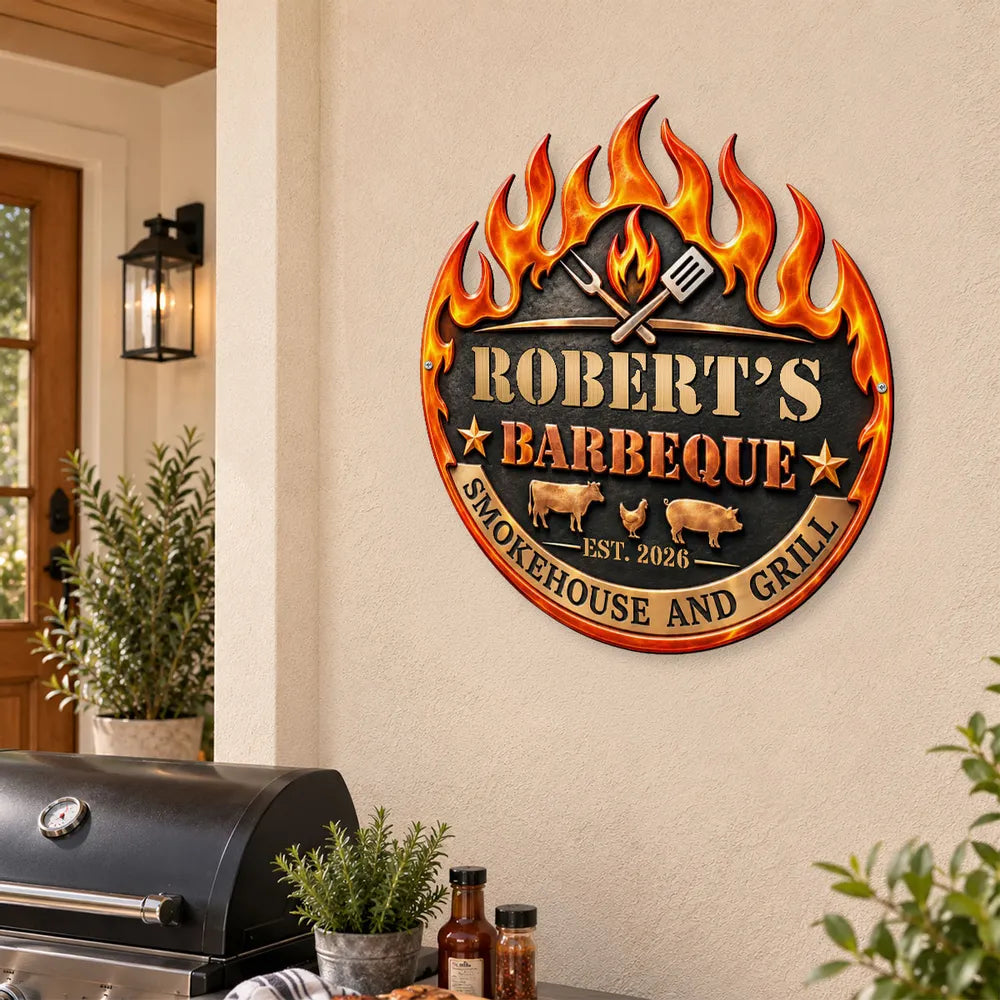 Personalized Shaped Metal Sign with Flaming Barbecue Design, Creative Gift for Grill Masters and Backyard Cooks