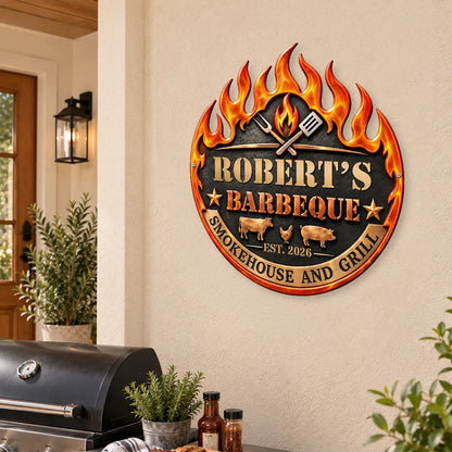 Personalized Shaped Metal Sign with Flaming Barbecue Design, Creative Gift for Grill Masters and Backyard Cooks
