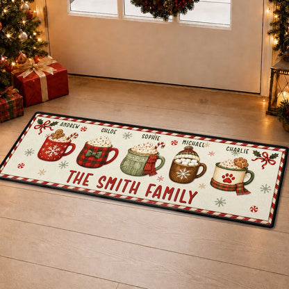 Personalized Standard Doormat with Red and Green Family Mugs, Unique Gift for Families and Pet Owners