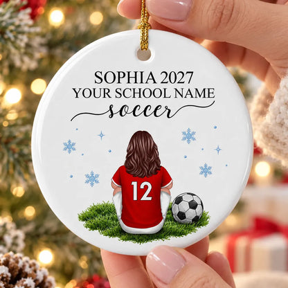 Personalized Ceramic Ornament, Seated Soccer Player in Red Jersey, Unique Christmas Gift for Athletes