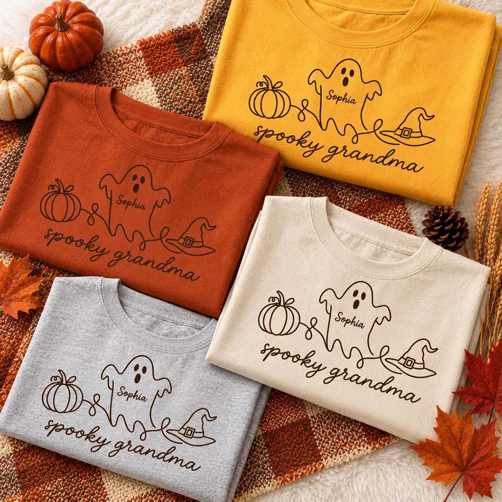 Personalized Spooky Grandma Classic Tee with Ghost Pumpkin and Witch Hat, Unique Halloween Gift for Grandma