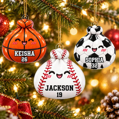 Personalized Dumpling Acrylic Ornament, Smiling Sports Balls on a Lit Christmas Tree, Unique Gift for Athletes