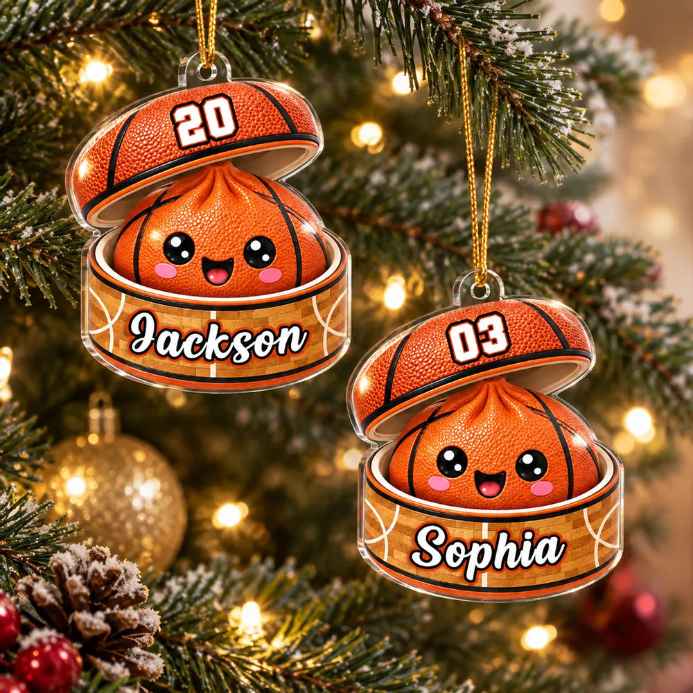 Custom Basketball Dumpling Acrylic Ornament, Cute Orange Cartoon, Unique Christmas Gift for Kids & Grandkids