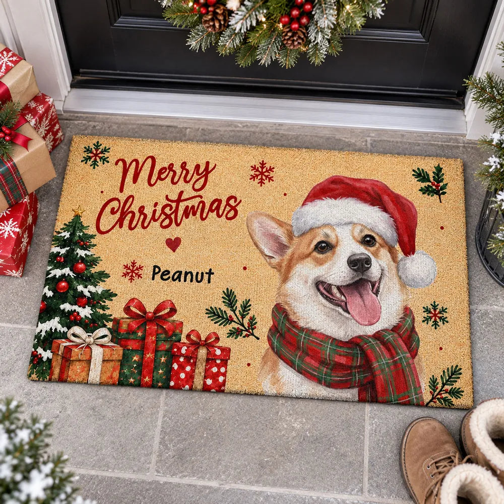 Personalized Standard Doormat with Watercolor Dog in Santa Hat, Festive Entryway Decor, Unique Gift for Dog Lovers