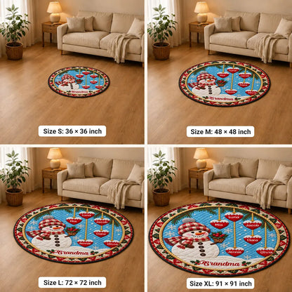 Personalized Christmas Snowman Round Quilted Mat, Red and Blue Snowy Scene, Unique Gift for Grandma