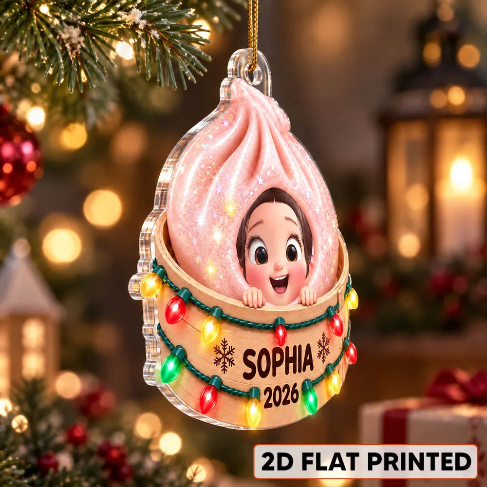 Personalized Acrylic Ornament, Smiling Child in a Dumpling Basket, Colorful Christmas Tree Decor, Unique Gift for Kids
