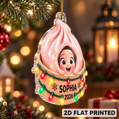Personalized Acrylic Ornament, Smiling Child in a Dumpling Basket, Colorful Christmas Tree Decor, Unique Gift for Kids