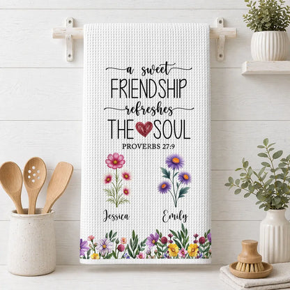 Personalized Kitchen Towel with Watercolor Flowers and Friendship Quote, Unique Gift for Kitchen Decor and a Close Friend