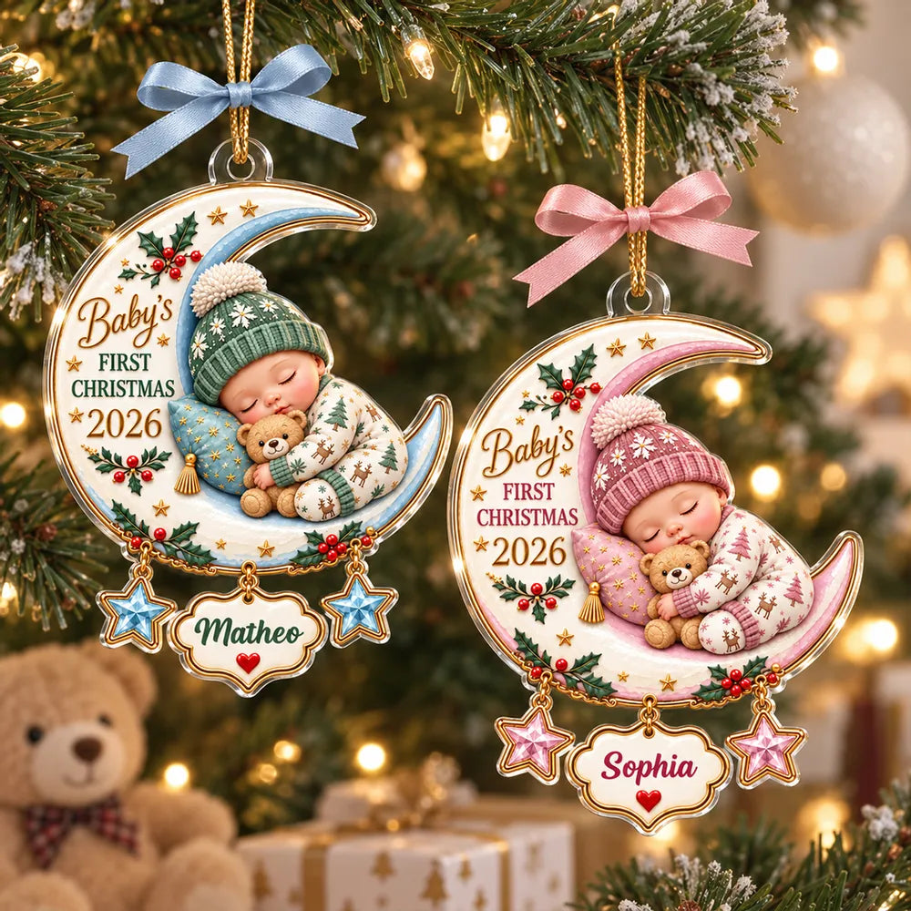 Personalized Acrylic Ornament, Sleeping Baby on Crescent Moon, Unique First Christmas Gift for New Parents