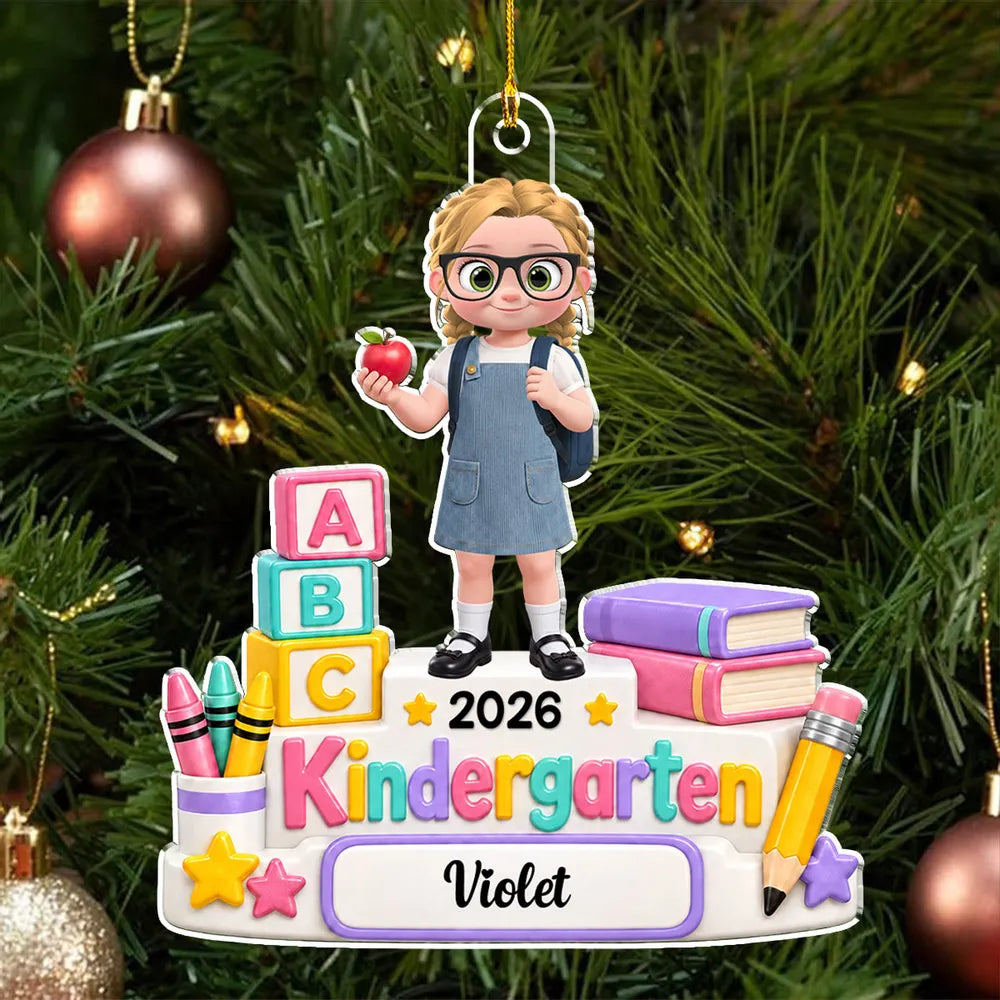 Personalized Acrylic Ornament, Child with Apple & Backpack, Kindergarten Scene, Unique Creative Gift for Kids