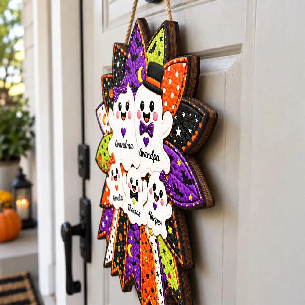 Personalized Wooden Sign with Cheerful Ghost Family Wreath, Heartwarming Halloween Decor, Creative Gift for Grandparents