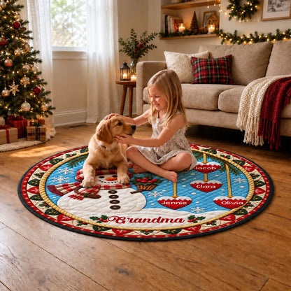 Personalized Christmas Snowman Round Quilted Mat, Red and Blue Snowy Scene, Unique Gift for Grandma