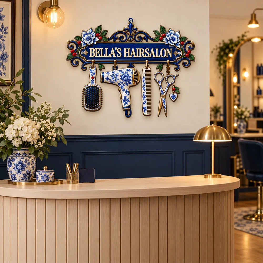 Personalized Shaped Metal Sign, Ornate Blue Floral Salon Tools Decor, Unique Gift for Hair Stylist