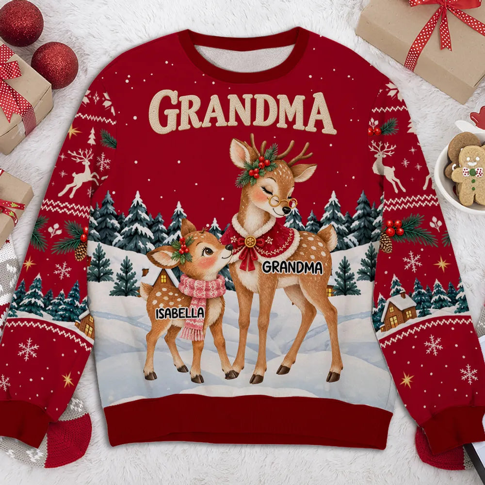 Personalized Printed Sweatshirt, Grandma Reindeer with Fawns in a Snowy Forest, Unique Christmas Gift for Grandma