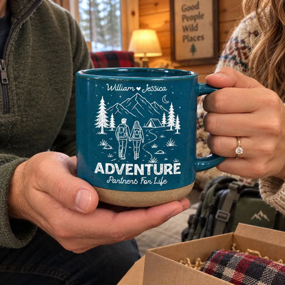 Adventure Partners for Life Personalized Pottery Mug, Hand-Holding Hikers, Creative Gift for Couples