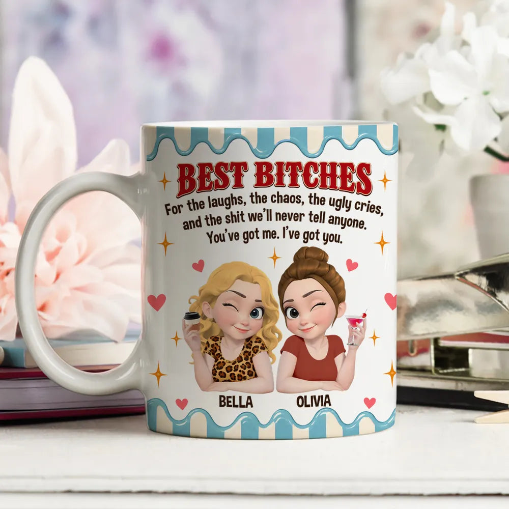 Personalized Ceramic Mug, Winking Friends Holding Drinks, Pink Cartoon Design, Unique Gift for Close Friends