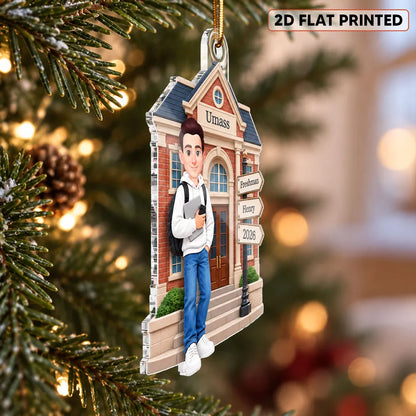 Personalized Acrylic Ornament, Colorful Freshman Holding Books on Campus, Unique Christmas Gift for Student