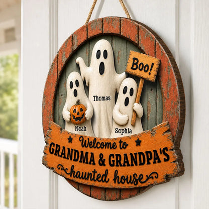 Grandma & Grandpa's Haunted House Wooden Sign, Personalized Ghosts With Pumpkin, Creative Halloween Gift