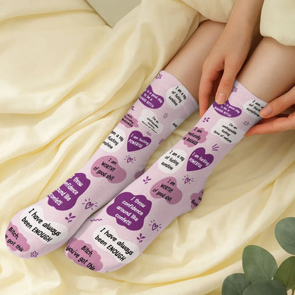 Personalized Crew Socks with I Have Always Been Enough Quote, Creative Gift for a Sister in Pink and Purple