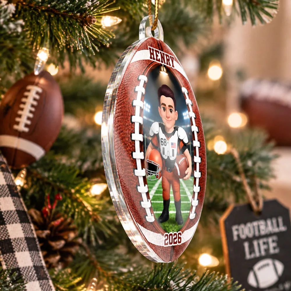 Personalized Acrylic Ornament, Custom Football Player on Stadium Field, Unique Christmas Gift for Son