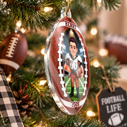 Personalized Acrylic Ornament, Custom Football Player on Stadium Field, Unique Christmas Gift for Son