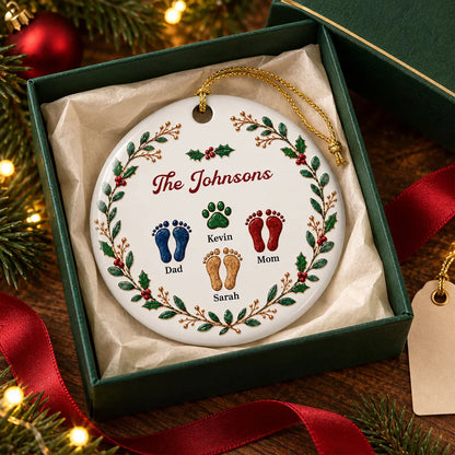 Personalized Ceramic Ornament with Family and Pet Footprints, Holly Wreath, Unique Christmas Gift for Family