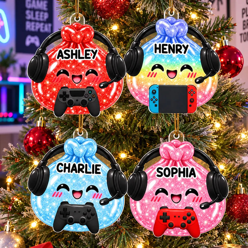 Personalized Acrylic Ornament, Cute Gamer Gift Bag with Headset on Christmas Tree, Unique Gift for Kids and Gamers