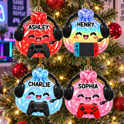 Personalized Acrylic Ornament, Cute Gamer Gift Bag with Headset on Christmas Tree, Unique Gift for Kids and Gamers