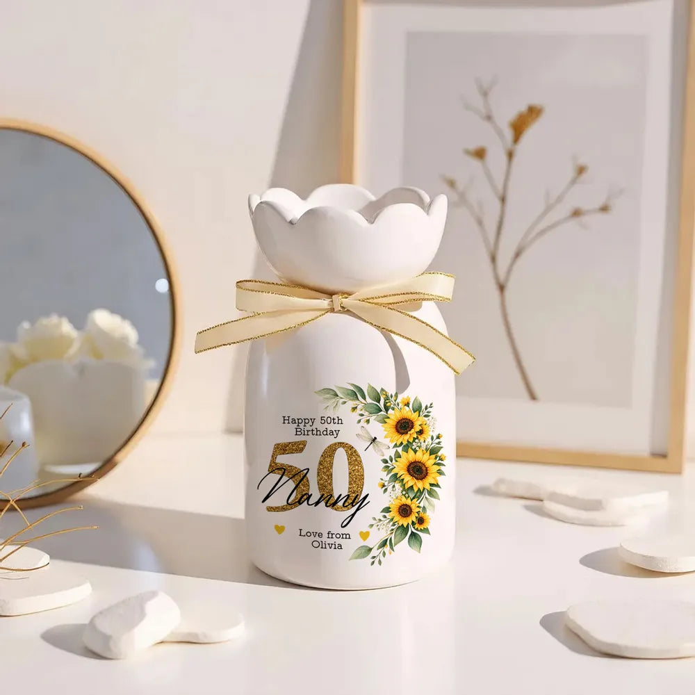 Happy Birthday Personalized Scalloped Rim Ceramic Vase, Heartfelt Creative Gift with Sunflower Art