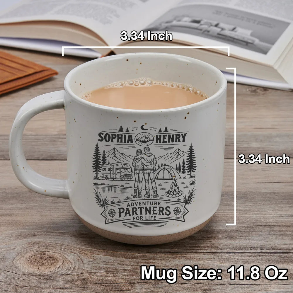 Personalized Pottery Mug, Embracing Couple at a Mountain Campsite, Unique Gift for Adventure Partners